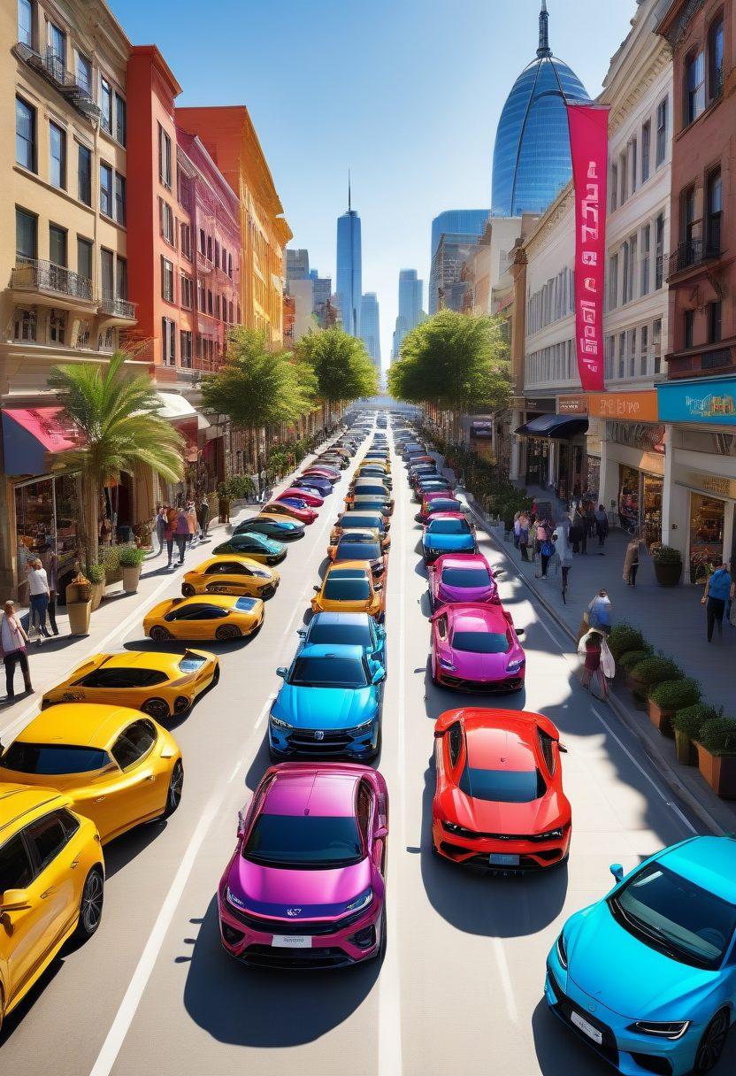 A joyful person joyfully browsing a digital vehicle marketplace on a sleek tablet, surrounded by colorful vehicles ranging from sports cars to SUVs. In the background, a vibrant cityscape with smiling pedestrians enjoying the day. Eye-catching banners show 'Best Deals' and 'Dream Car' tags prominently. The overall atmosphere is bright and cheerful, creating an inviting feeling for prospective buyers. super-realistic. vibrant colors. white background.