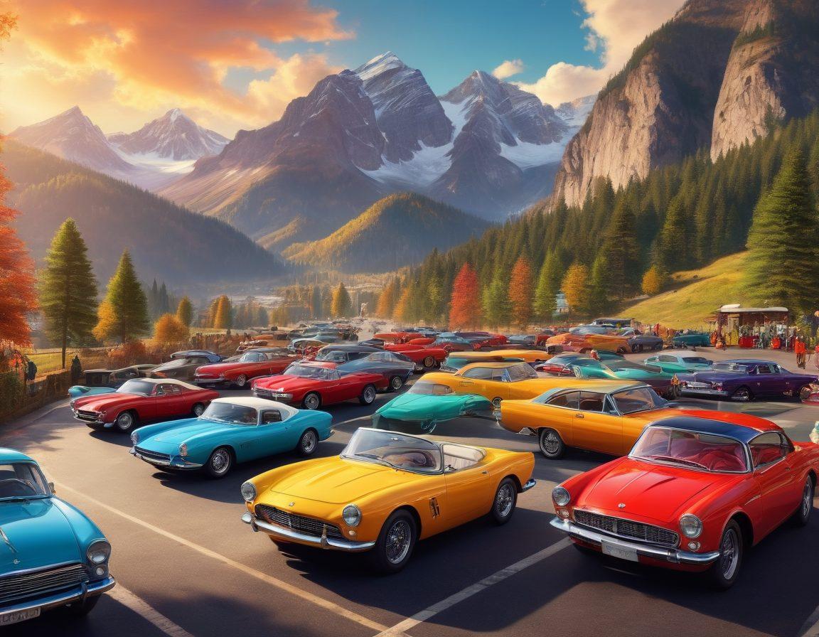 A vibrant scene showcasing a diverse group of car enthusiasts gathered around various automotive portals, with colorful classic and modern cars on display. The backdrop features a sunny landscape with mountains and a winding road, symbolizing adventure. Include automotive tools and gadgets scattered around, adding a dynamic feel. The atmosphere is cheerful, with people laughing and sharing stories. digital art. vibrant colors. sunny background.