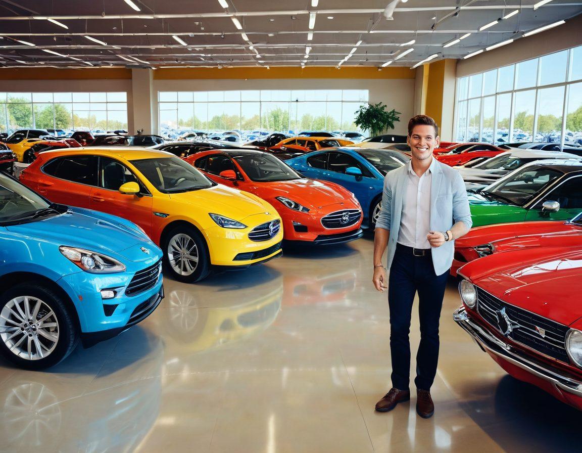 A cheerful car enthusiast exploring a vibrant car dealership filled with various colorful cars. The scene includes joyful interactions between customers and salespeople, with a backdrop of shiny vehicles and checkered flags. In the foreground, a discerning shopper is inspecting a sleek sports car, exuding excitement. Bright sunlight streams in, creating an inviting atmosphere. super-realistic. vibrant colors. 3D.